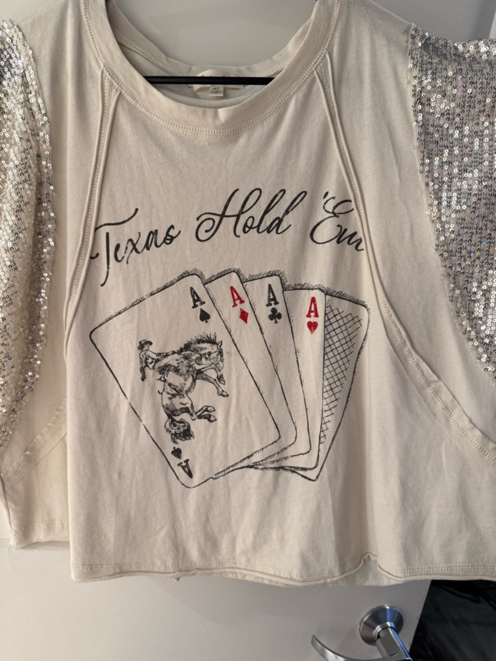 Sequin Sleeve Graphic Tee - Cream Texas Hold 'Em - Picture 2 of 4
